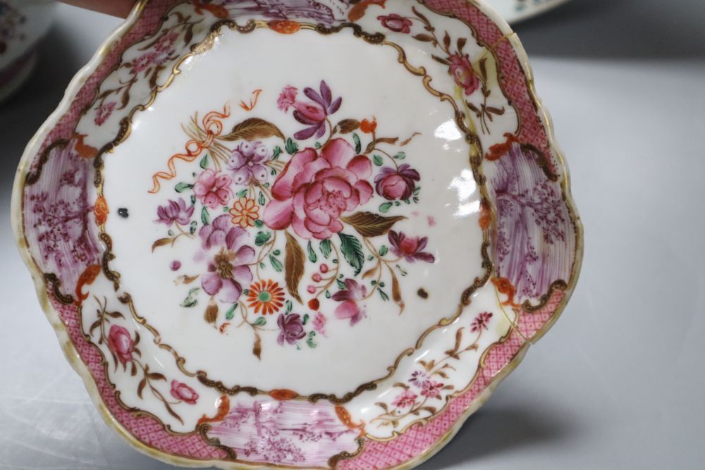 A 18th century Chinese famille rose export plate and an 18th century export teapot, cover and stand (the latter repaired)